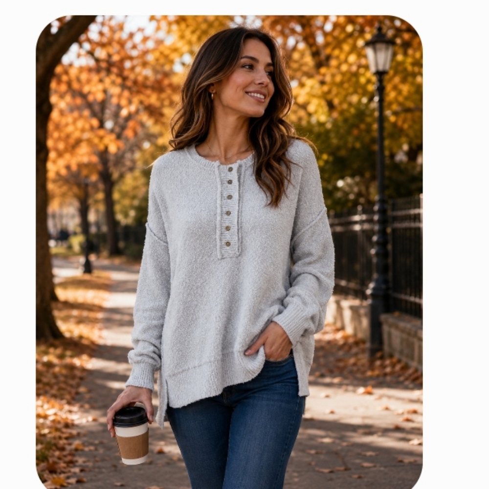Hudson Gray Sweater Sz L long Sleves Classis Henley Still Button Knit Fabric